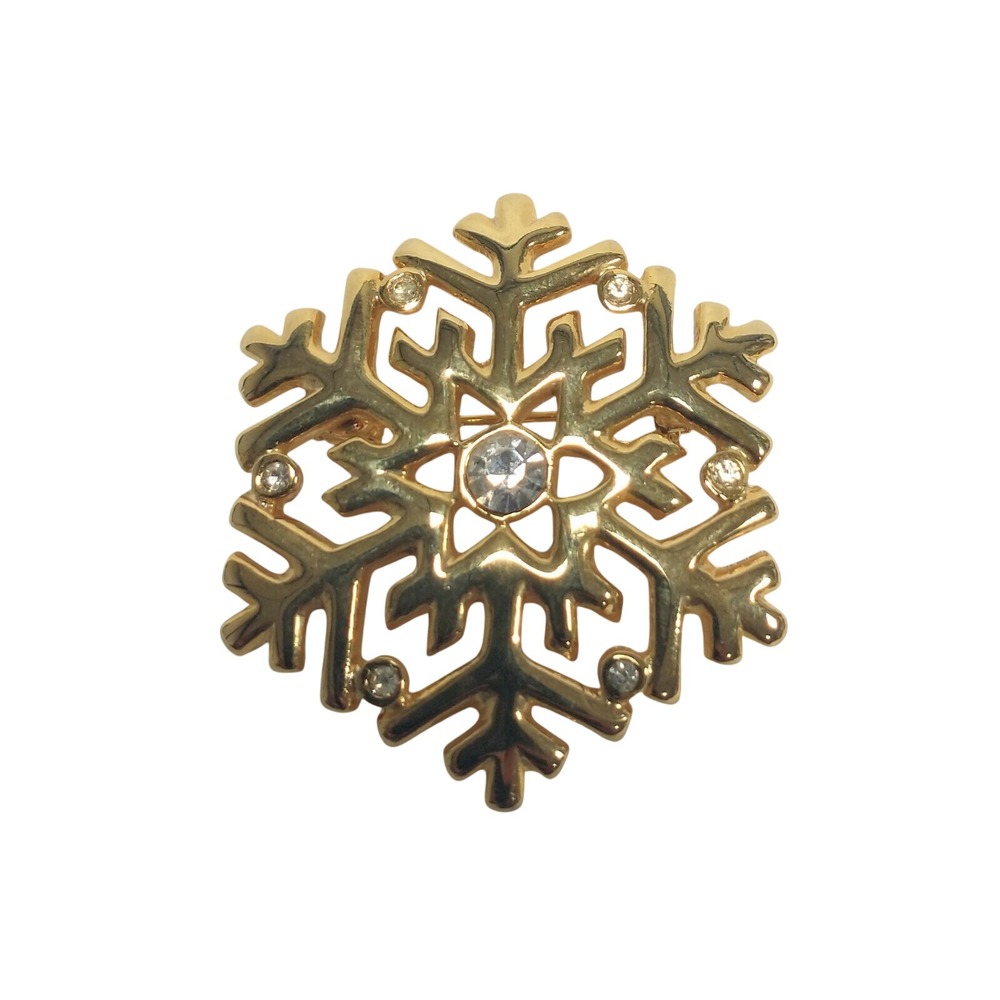 Vintage 1990s AAi Snowflake Gold Tone Brooch Crystal Rhinestones Winter Holiday